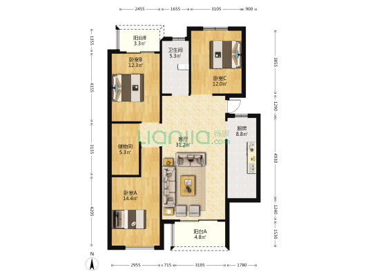 北旅城市商业广场 3室1厅1卫 136平方