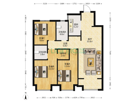 融创外滩壹號 3室1厅2卫 128平方