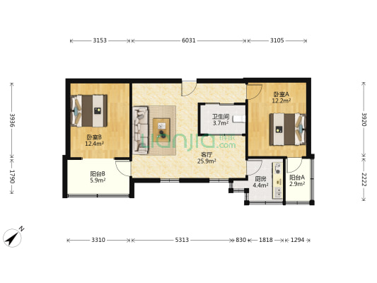 外贸大院 2室1厅1卫 70平方