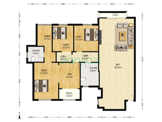 泰时新雅园 4室1厅2卫 171平方