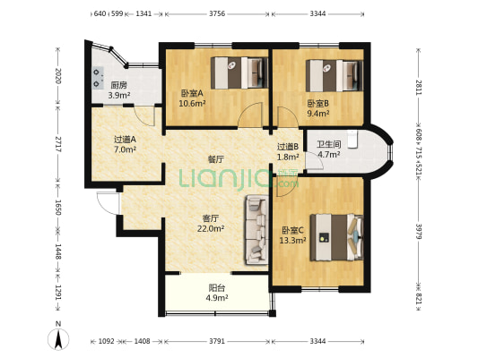 湖滨公寓 3室1厅1卫 95平方