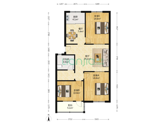 供电公司宿舍 3室2厅1卫 106平方