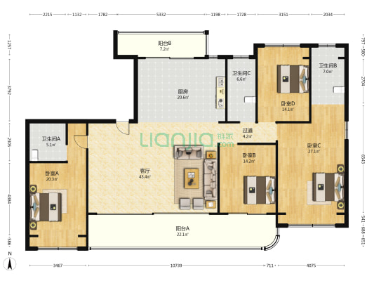 中洋金镶玉公寓 4室1厅3卫 225平方
