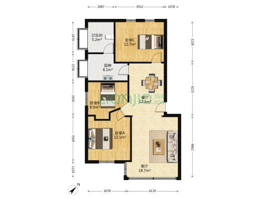 华乐小区 3室2厅1卫 90平方