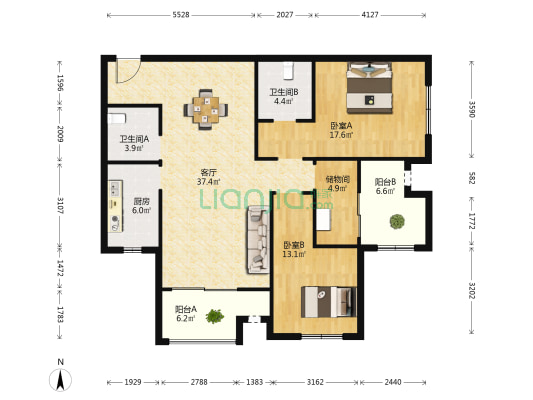 南国中心一期 2室1厅2卫 137平方