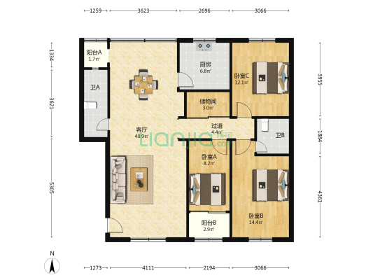 边检小区 3室1厅2卫 118平方