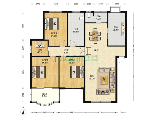 工行花园 4室1厅2卫 170平方