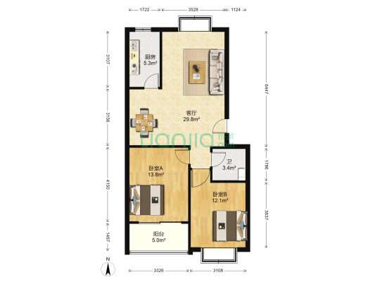 奥特家园 2室1厅1卫 88平方