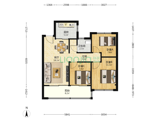 玖华府 3室1厅1卫 86平方