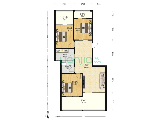 红塘湾·鲁能公馆 3室1厅1卫 88平方