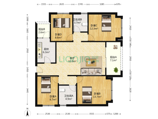 珠江青云台 4室1厅2卫 129平方