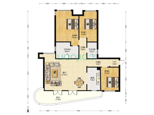 罗曼帝克 3室1厅2卫 142平方