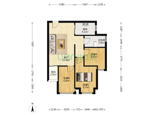 东逸湾松湖轩 3室1厅1卫 74平方
