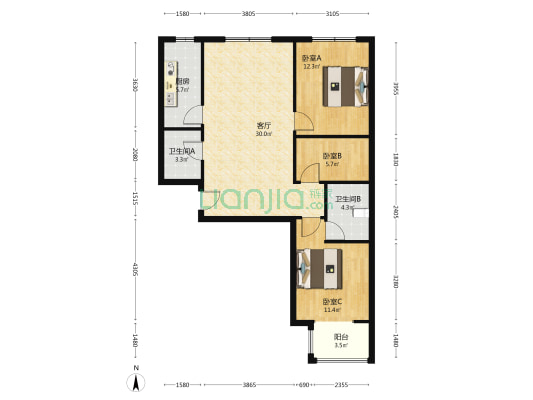 南北通透的三居，交通方便，楼下大公园，-户型图
