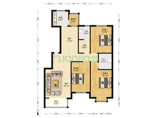 渤海家园 3室2厅2卫 143平方