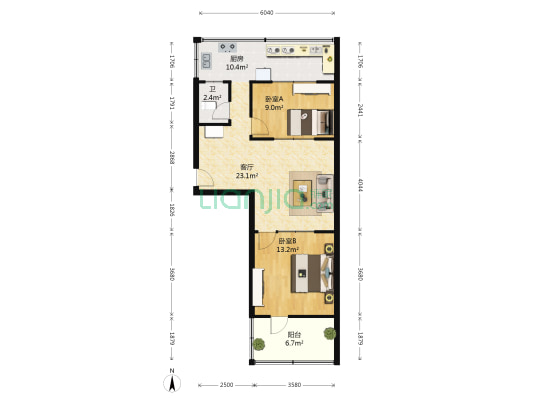 玉皇庙街3号院 2室1厅1卫 70平方