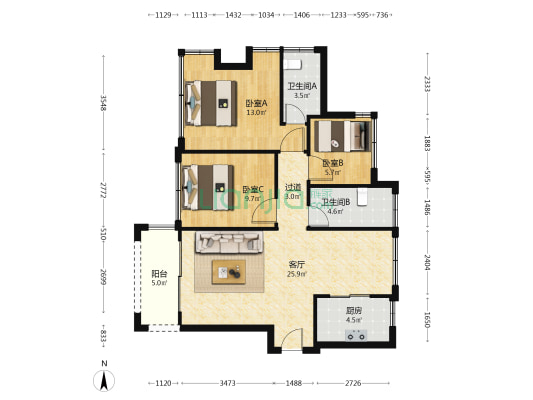 丁山河畔花园 3室1厅2卫 83平方