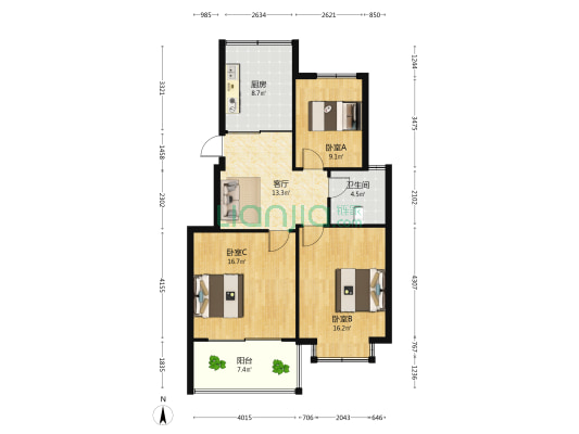 北城丽景 3室1厅1卫 89平方