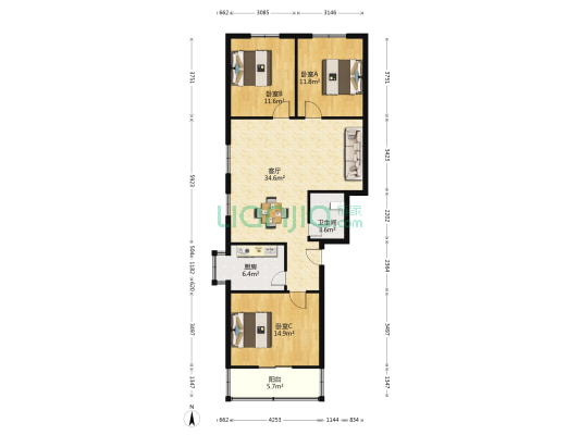 三星公寓 3室1厅1卫 108平方