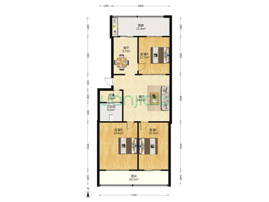 太原市房地产开发公司宿舍 3室2厅1卫 114平方