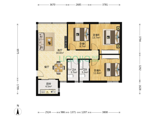 东城花园一期 3室1厅2卫 87平方