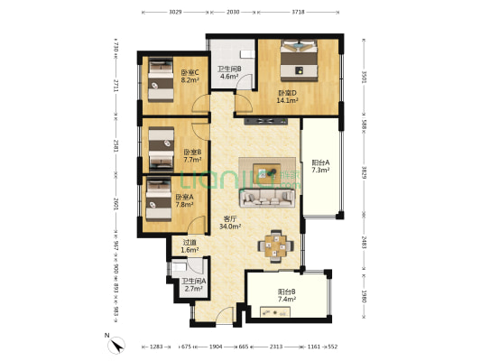 万科理想城三期星河 4室1厅2卫 110平方