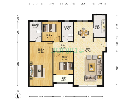 融创文旅城砚玺园 3室1厅2卫 145平方