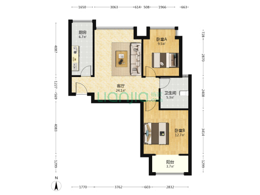 月和园 2室1厅1卫 84平方