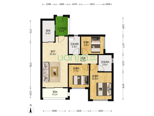 中海联睿品 3室1厅2卫 85平方