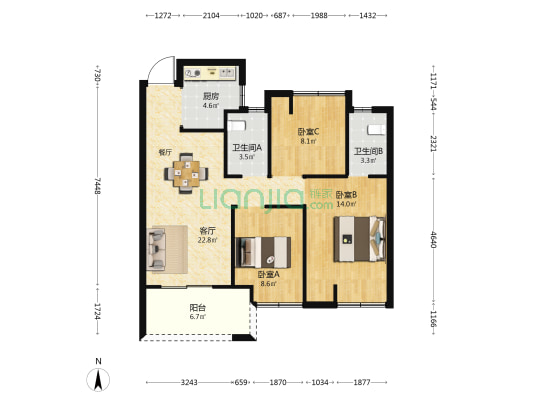 三迪·雅颂枫丹 3室1厅2卫 89平方