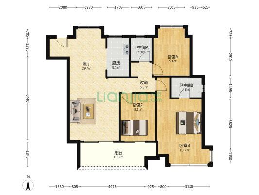 武汉蔡甸吾悦广场 3室1厅2卫 117平方