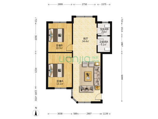 富兴新村 2室1厅2卫 68平方
