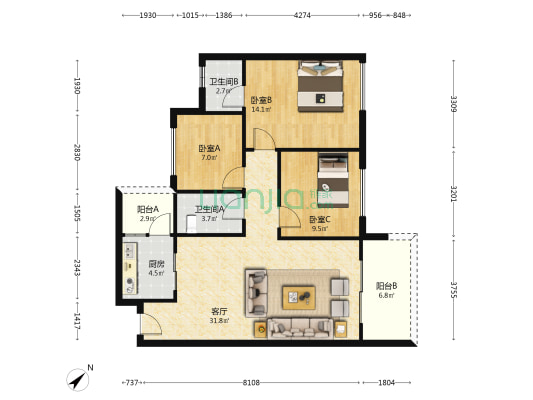 雅宝新城雅龙名居(九区) 3室1厅2卫 107平方