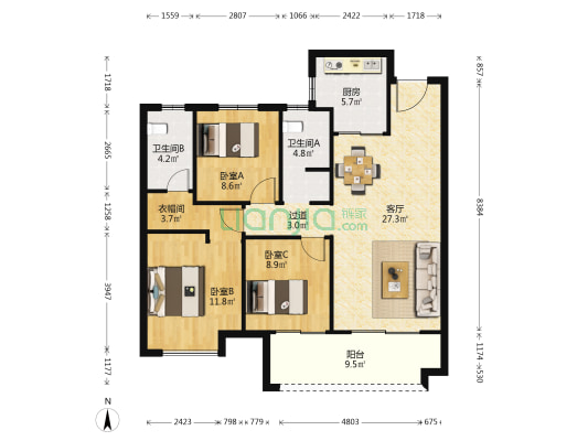 旭辉雨花郡 3室1厅2卫 114平方