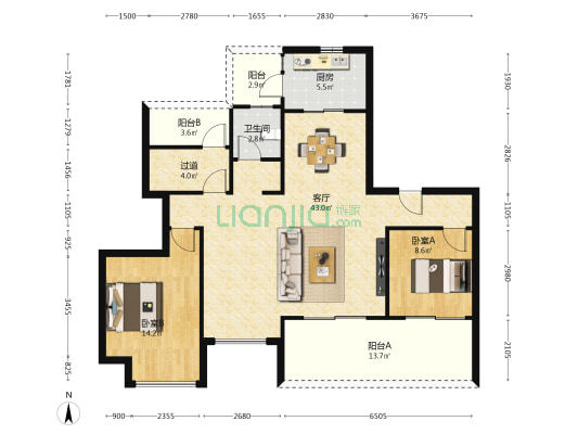 万达光屿湖 2室1厅1卫 119平方