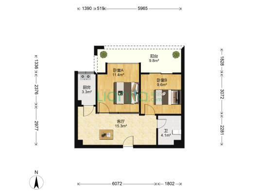 昊然风景 2室1厅1卫 55平方