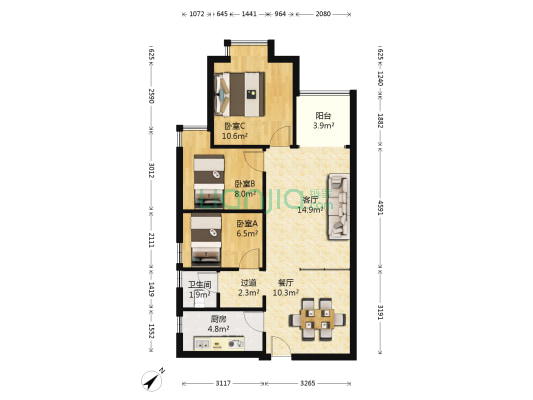 花果园V区 3室2厅1卫 90平方