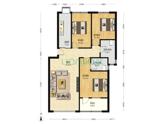 晚报宿舍 3室1厅2卫 105平方