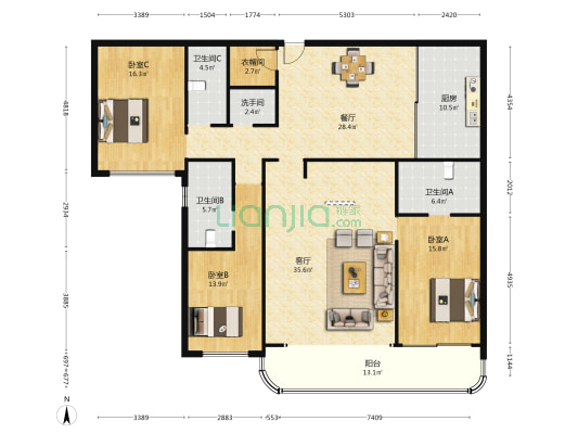 龙东大厦 3室2厅4卫 221平方