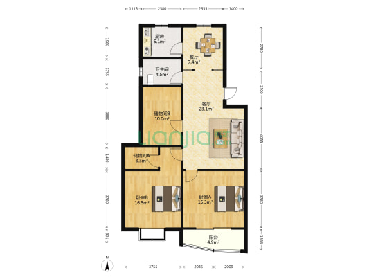 西海华庭 2室2厅1卫 113平方