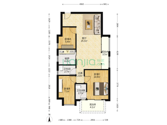 文德广场 3室1厅2卫 91平方