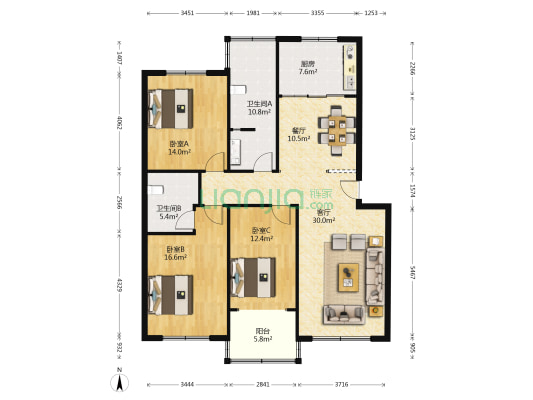 名仕雅居 3室2厅2卫 136平方