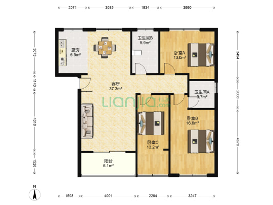晨光苑 3室1厅2卫 133平方