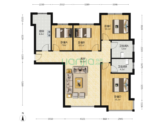 此房是南北通透三居室，全明格局，看房方便。-户型图