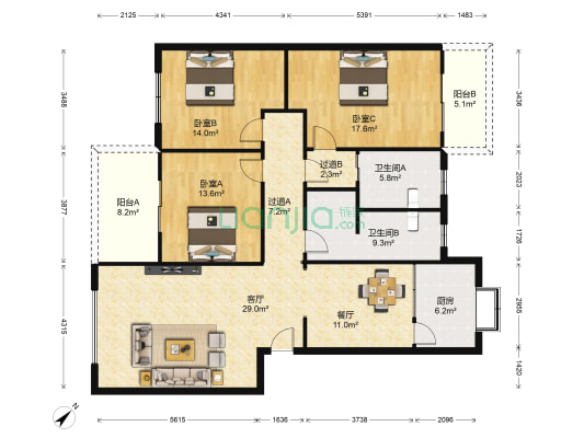 建设局宿舍 3室2厅2卫 143平方
