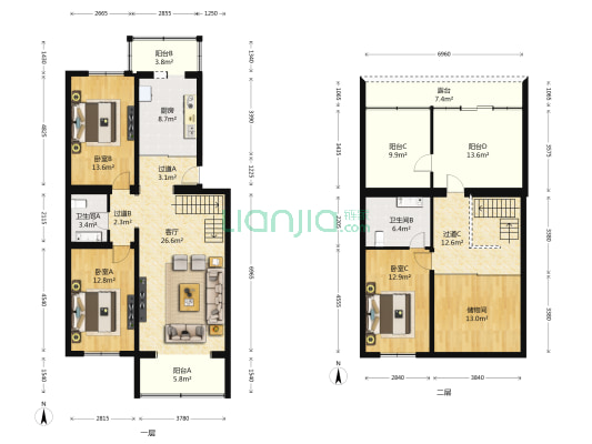 恒富中街6号院 3室1厅2卫 146平方