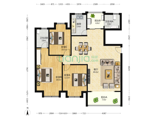 恒昌格兰郡东北区 3室1厅2卫 128平方