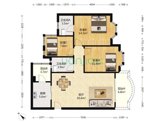 祈福新村翠湖居 3室1厅2卫 96平方