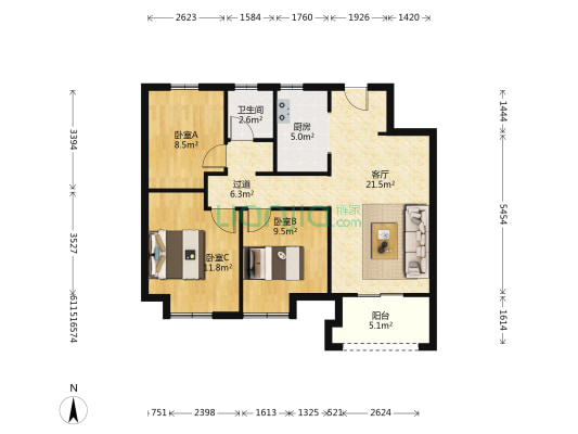 隐山观湖C区 3室1厅1卫 97平方
