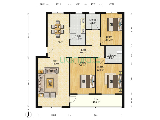 东方明珠花园 3室1厅2卫 142平方